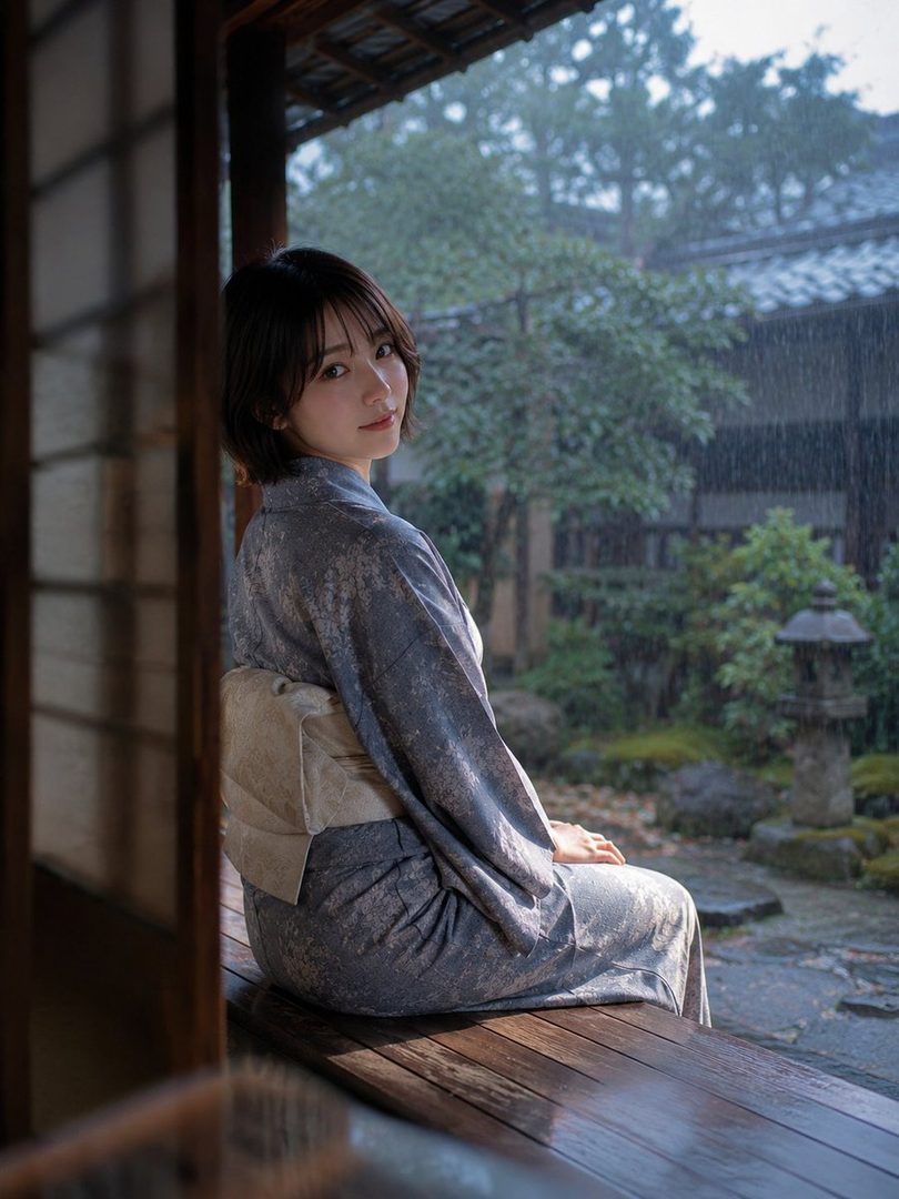 A young Japanese woman wearing a gray kimono sits on a wooden veranda in the rain, glancing back over her shoulder with a soft smile in a traditional garden setting.