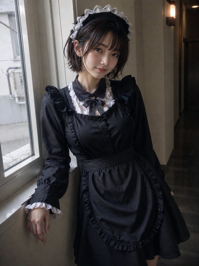 Young woman in a black maid costume with lace details posing indoors by a window.