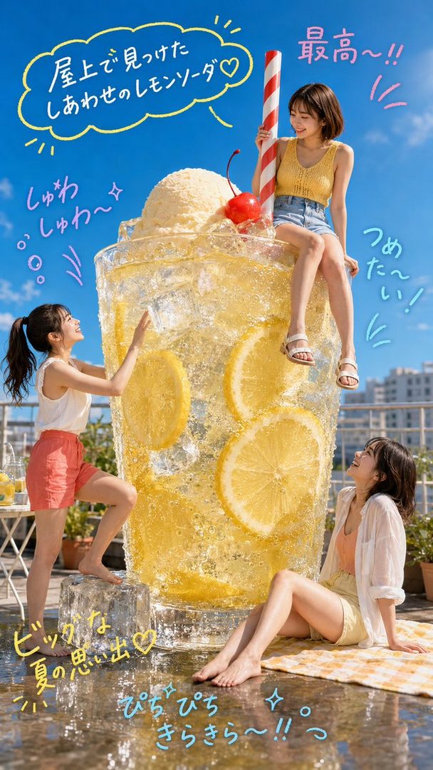 Three adult Japanese women in casual summer outfits posing playfully around an oversized lemon soda glass on a sunny rooftop terrace.