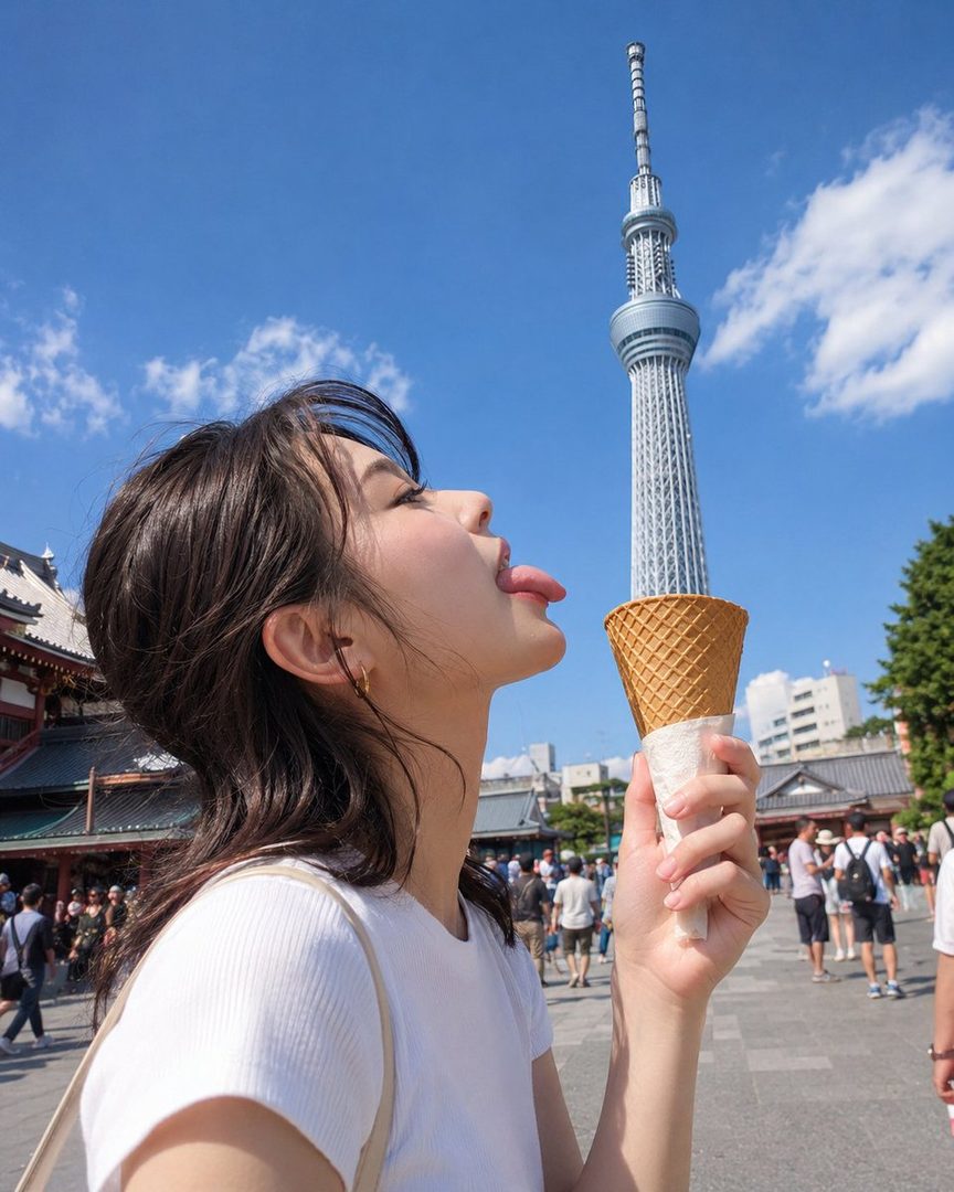 A young Japanese woman in a white top playfully holds an ice cream cone with the Tokyo Skytree aligned on top against a bright blue sky in Asakusa.