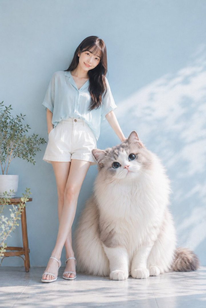 A young East Asian woman in a light blue blouse and white shorts gently posing with a large fluffy white and gray cat in a bright indoor studio with soft natural light.