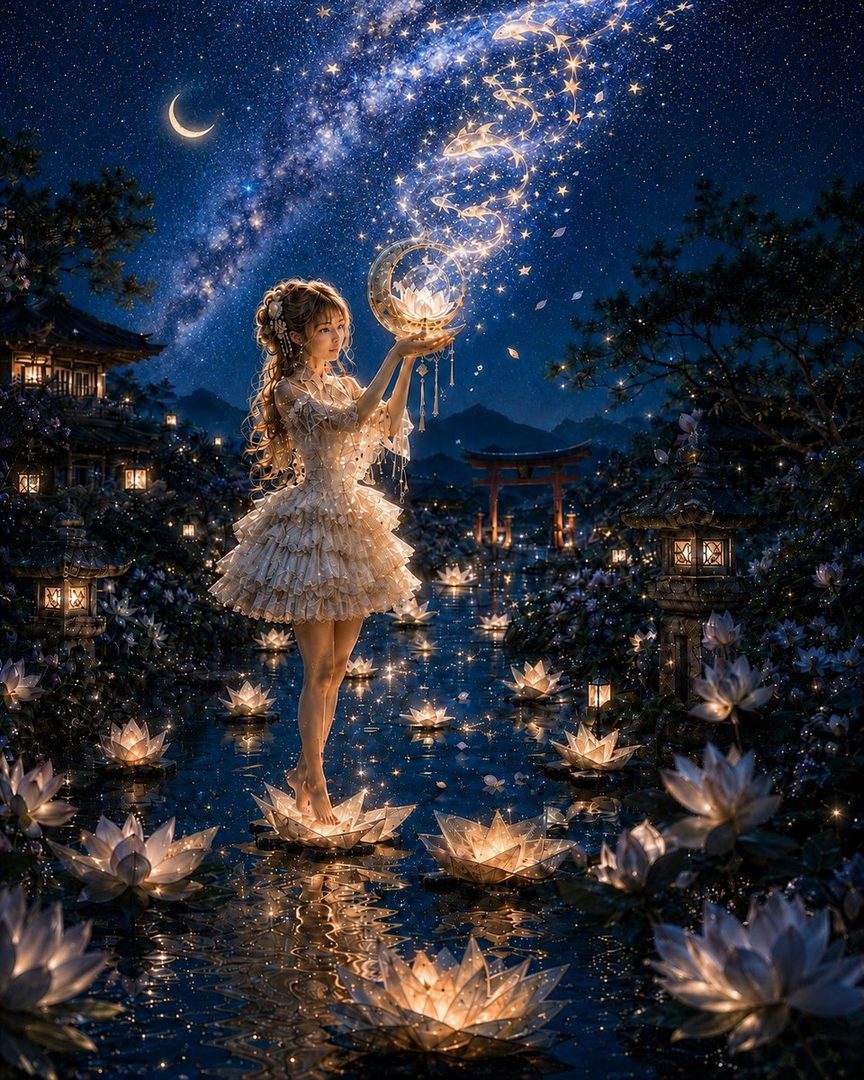 Ethereal young woman in a flowing white dress stands barefoot on glowing lotus flowers in a moonlit pond, holding a luminous crescent moon beneath a starry galaxy sky with Japanese lanterns and a torii gate.