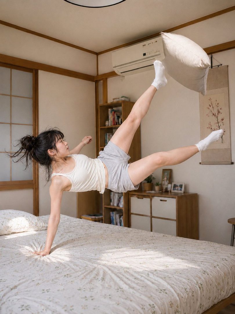 Young woman in casual homewear dynamically kicking a pillow on a bed in a sunlit Japanese-style bedroom.