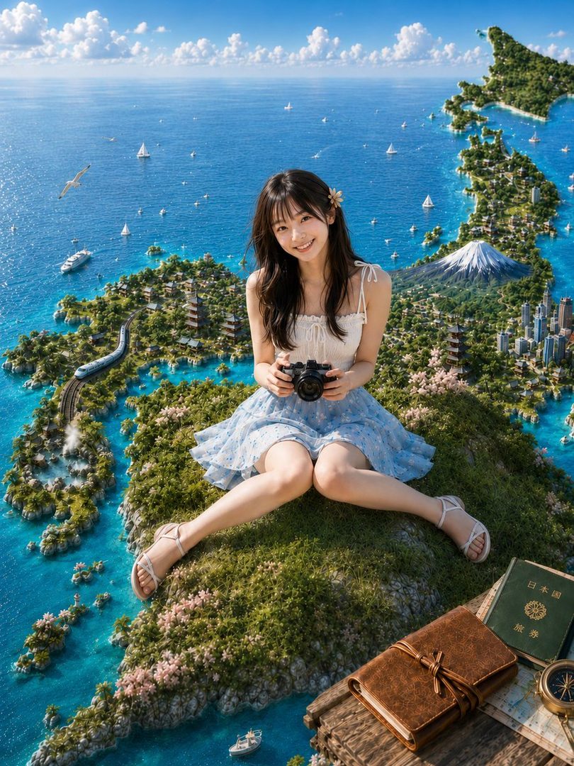 Young East Asian woman with long black hair in a light blue dress sits on a grassy cliff holding a camera and smiling over a fantastical miniature map of Japan with islands, volcano, and turquoise sea.