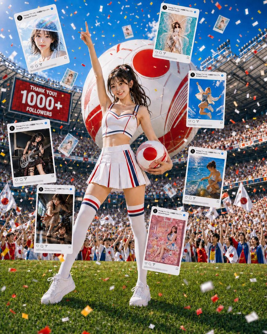 Cheerful young woman in Japanese-style cheerleader outfit celebrating in a crowded stadium with floating AI-generated portrait posts and confetti.