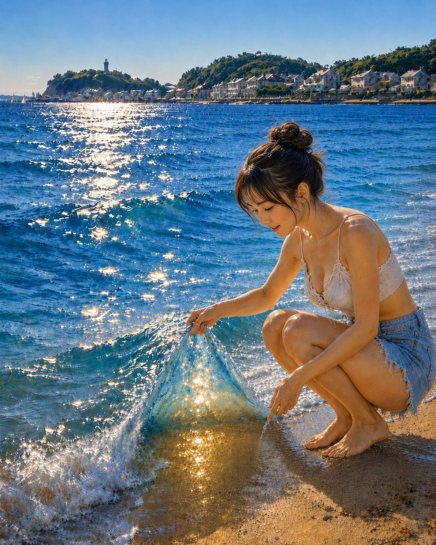 A young woman in a white lace bikini top and denim shorts crouches on a sunny beach, gently touching a glowing blue net in the sparkling ocean waves.