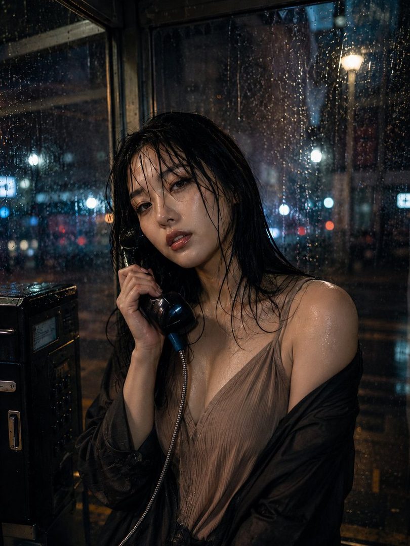 A young East Asian woman with wet black hair holds a phone receiver inside a rainy phone booth at night, wearing a sheer brown top with a black jacket draped over her shoulders.