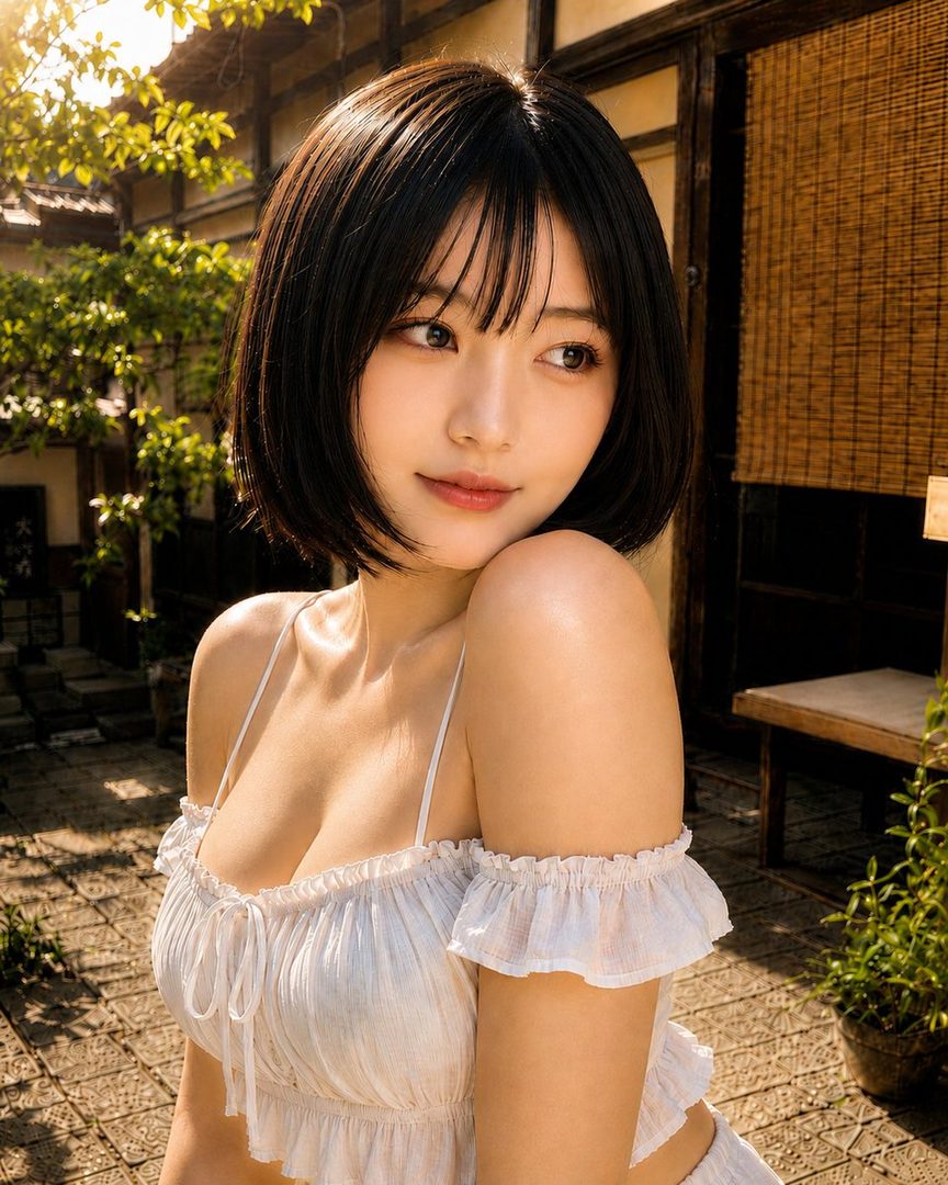 Young woman with short black bob hair and bangs in a white off-shoulder summer dress, posing in a sunlit traditional Japanese courtyard garden.