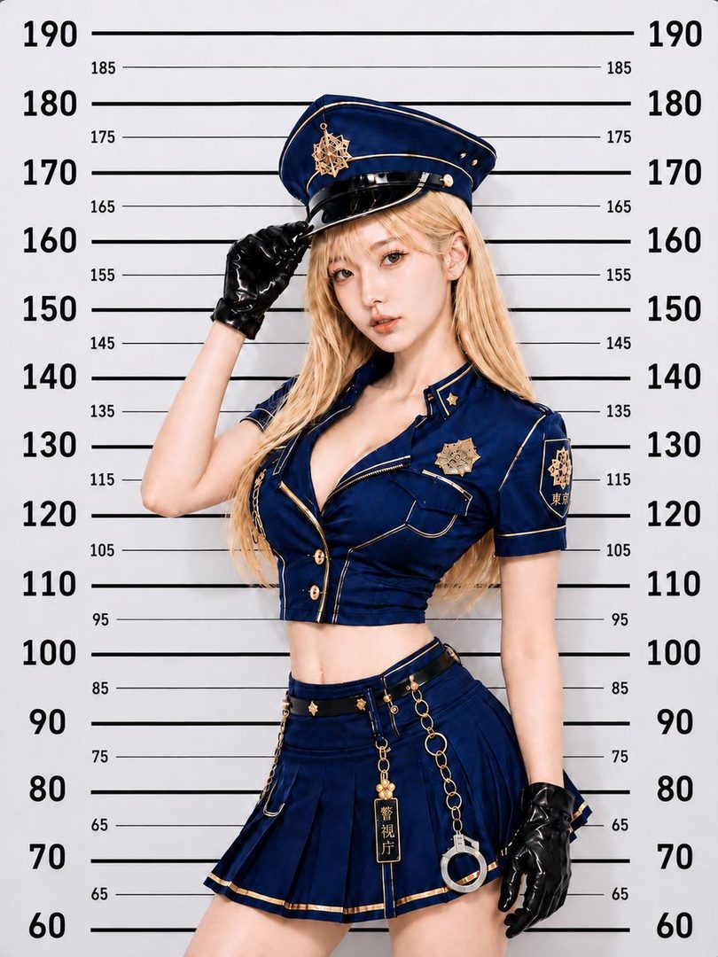 Blonde woman in navy blue police-style cosplay uniform posing confidently before a height chart in a studio setting.