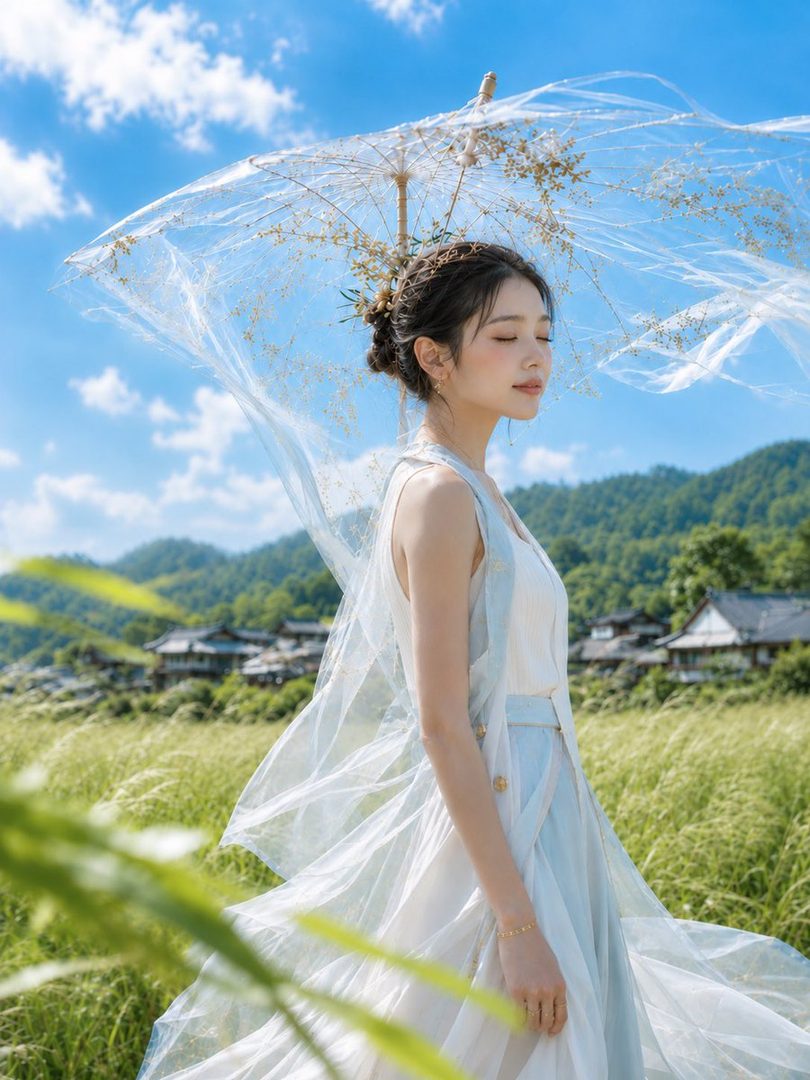Elegant young woman in a flowing light blue and white summer dress stands in a lush green field holding a delicate transparent umbrella with floral accents under a bright blue sky with distant mountains and traditional houses.