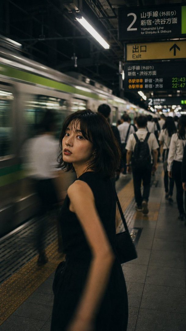 Young Japanese woman with short black bob hair glances back over her shoulder on a bustling nighttime Tokyo train platform.