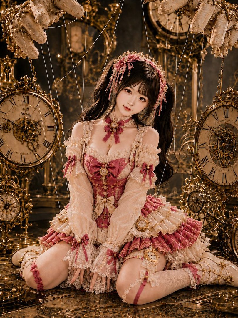 Elegant young woman in pink and cream lolita dress posed as a marionette doll surrounded by antique clocks in a golden fantasy studio.