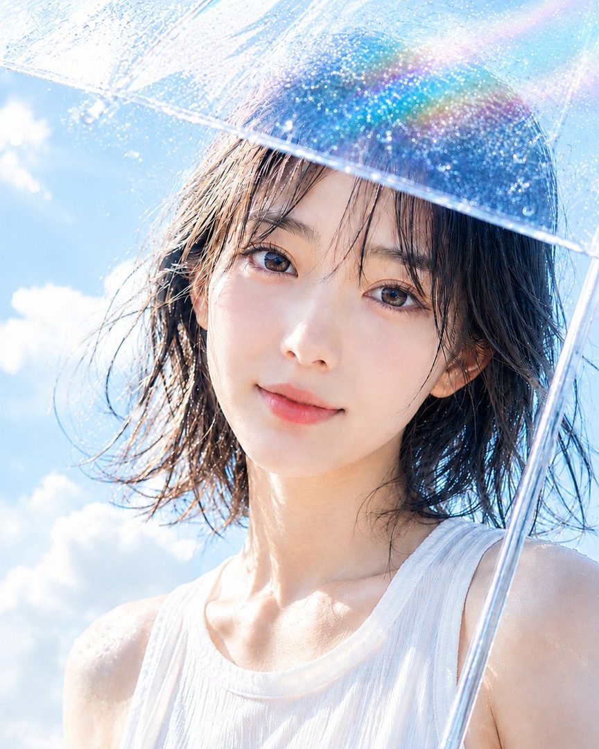 Young woman with wet dark hair and soft smile holding a transparent umbrella sparkling with rainbow reflections under a bright cloudy sky.