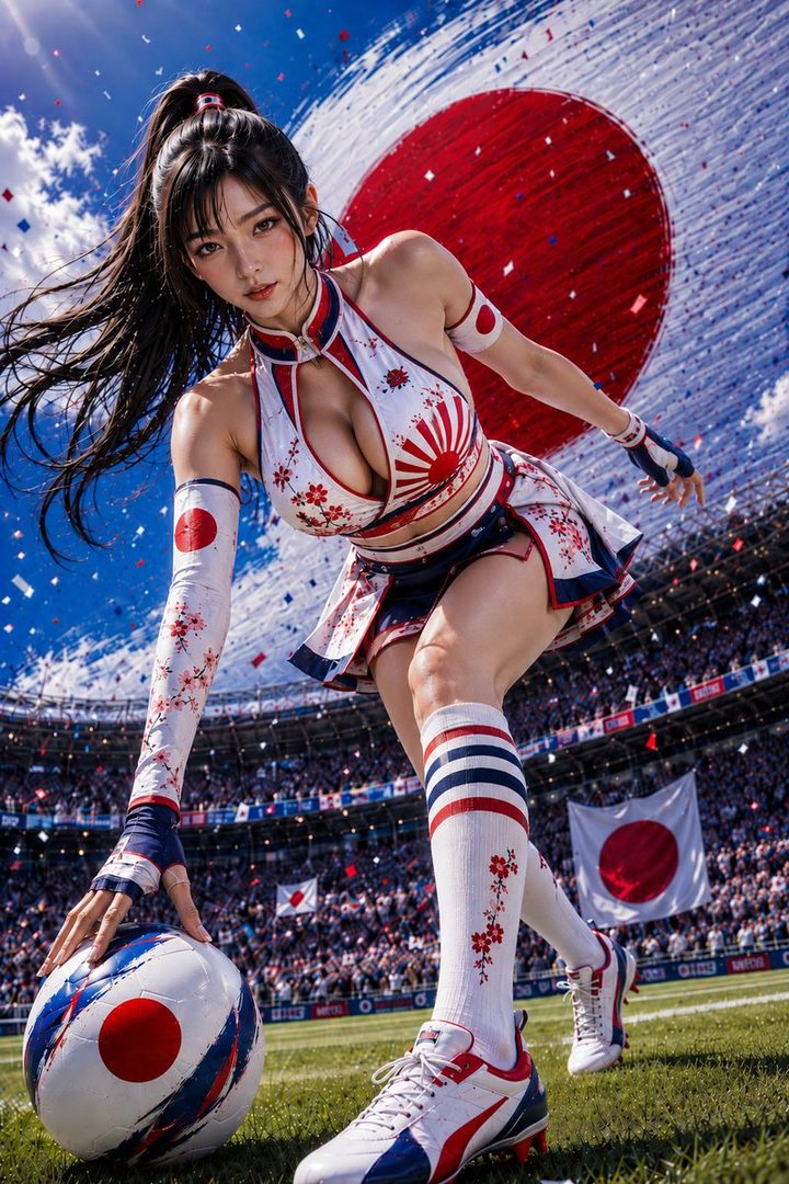 Stunning AI-generated portrait of a Japanese woman in a revealing World Cup cheerleader outfit posing with a soccer ball in a packed stadium under a giant Japanese flag.
