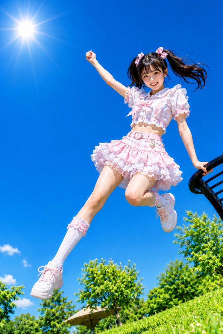 Energetic young Japanese woman in pink frilly outfit jumping dynamically under a bright clear blue summer sky.