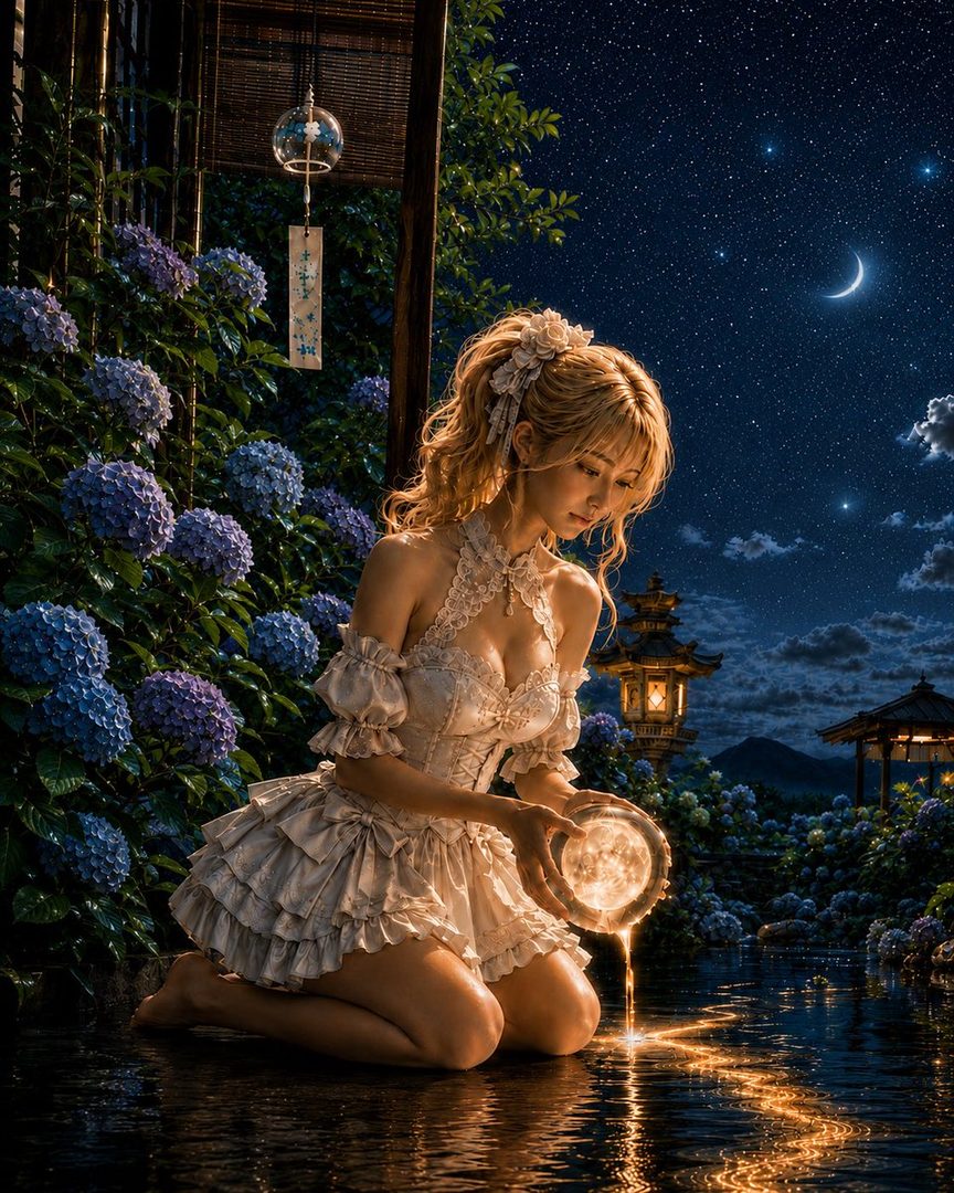 A blonde woman in an elegant white lace dress kneels in a moonlit pond holding a glowing orb, with hydrangeas, wind chimes, and traditional lanterns under a starry night sky.