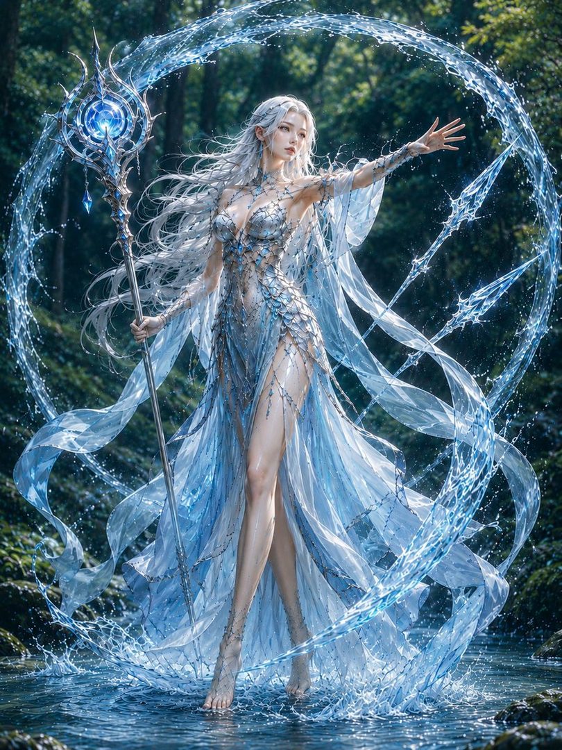 Ethereal silver-haired sorceress in a translucent flowing blue water dress wielding a glowing staff amid swirling water magic in a forest stream.
