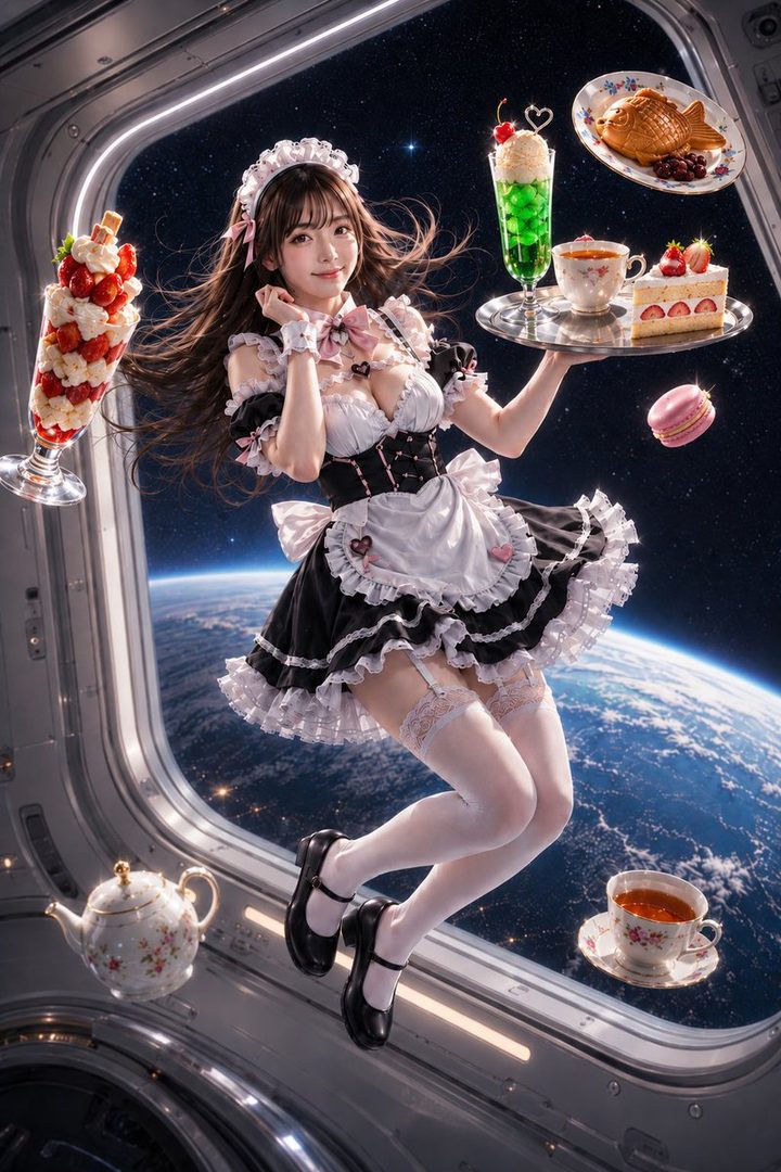 A young Japanese woman in a frilly black-and-white maid outfit floating gracefully inside a space station window overlooking Earth, surrounded by levitating desserts and drinks.