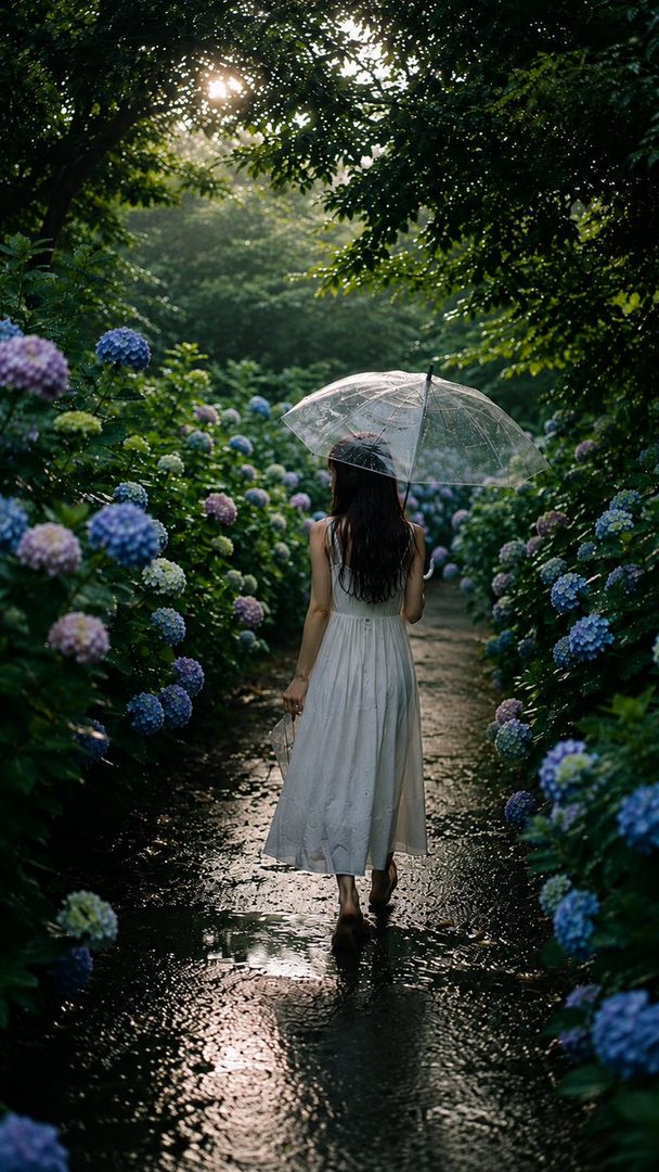 A woman with long dark hair walks away down a wet garden path lined with blue and purple hydrangeas, holding a clear umbrella, with sunlight filtering through the trees.