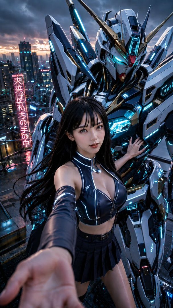 Young Japanese woman with long black hair in a futuristic black crop top and pleated skirt taking a selfie beside a massive glowing mecha on a rainy cyberpunk rooftop at dusk.