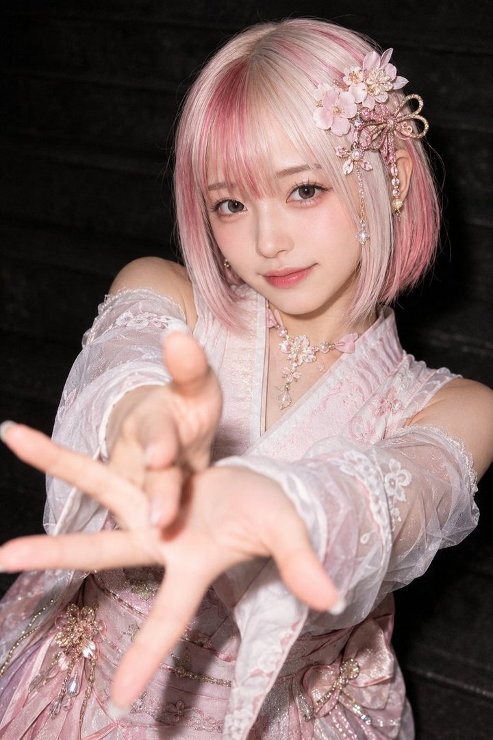 Young Japanese woman with short pink bob hair wearing a delicate sakura pink kimono-style lolita dress, extending both hands toward the camera against a dark studio background.