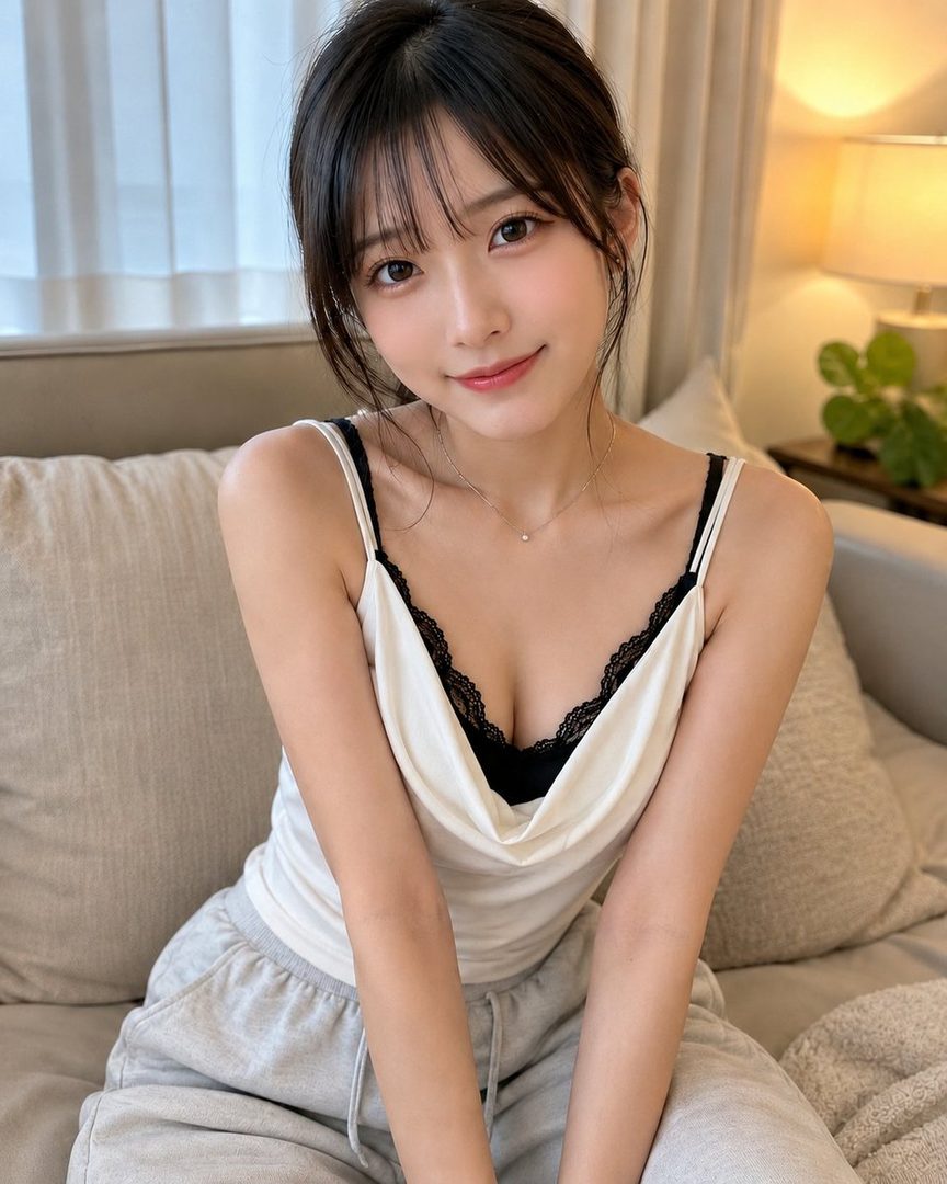 Young East Asian woman with black hair and soft bangs wearing a white lace-trimmed camisole, seated on a beige sofa in a softly lit modern living room.