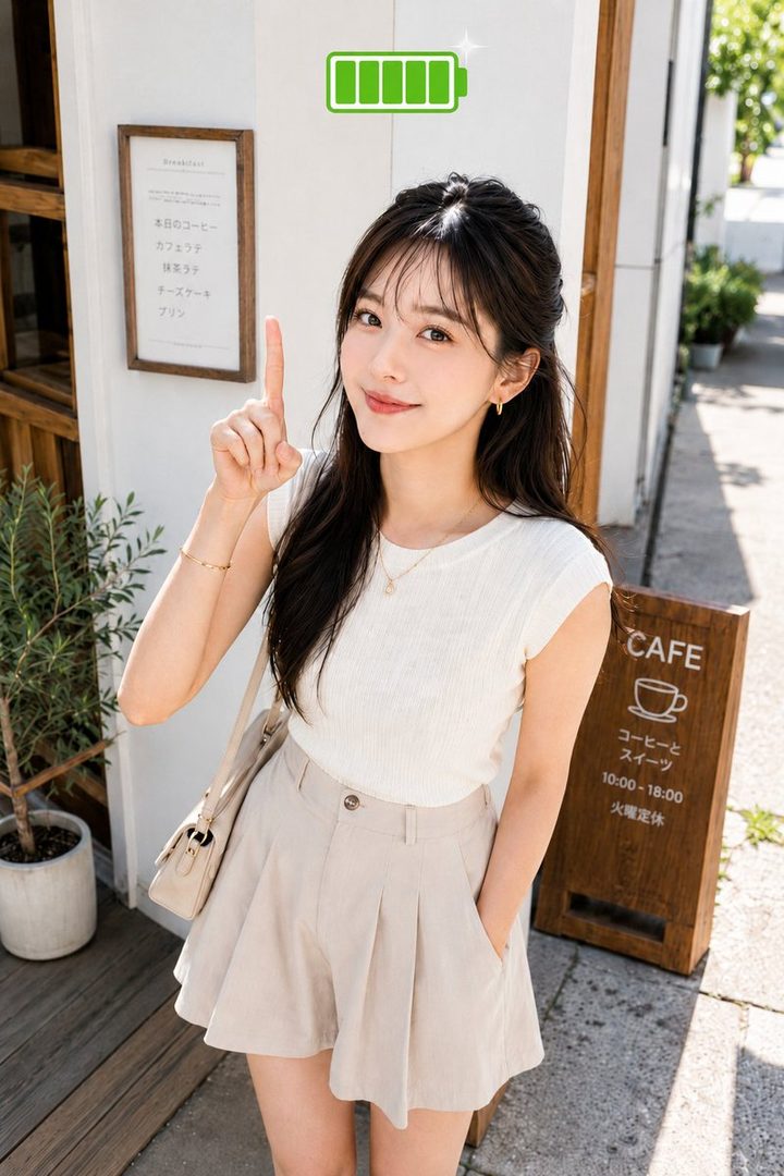 Young Japanese woman in white knit top and beige shorts posing outside a cafe, pointing upward with a green full battery icon floating above her finger on a sunny day.