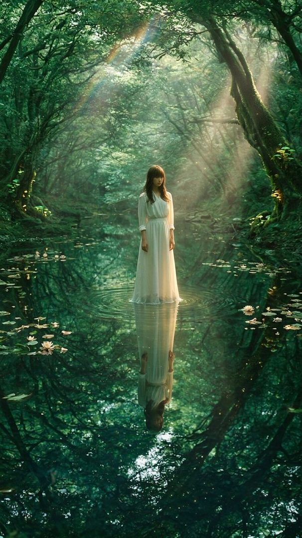 A woman in a white dress stands in a mystical forest pond with sunbeams shining through the trees and water lilies floating on the surface.