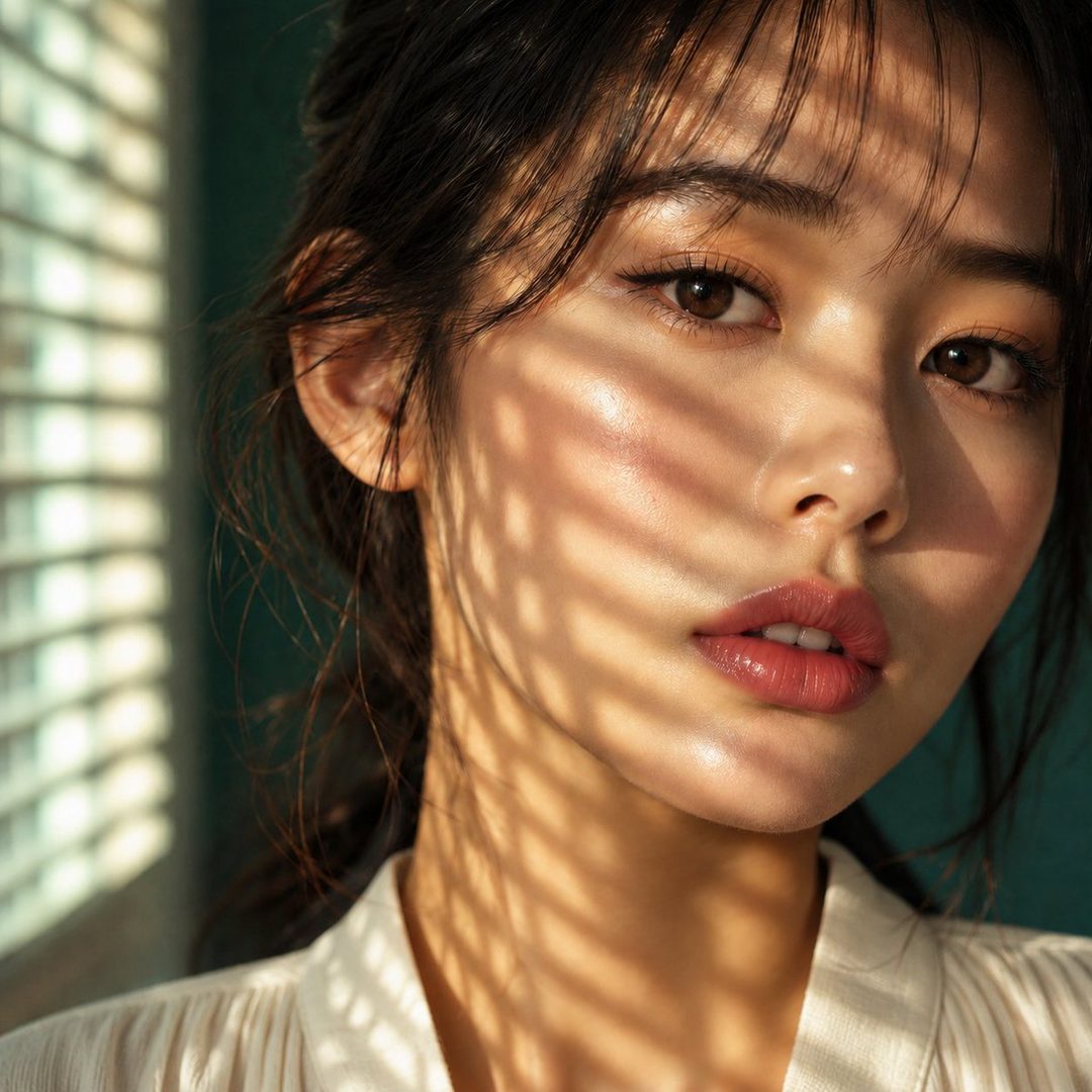 Close-up beauty portrait of a young East Asian woman with dark hair, soft natural makeup, and striped sunlight shadows cast across her face from window blinds.