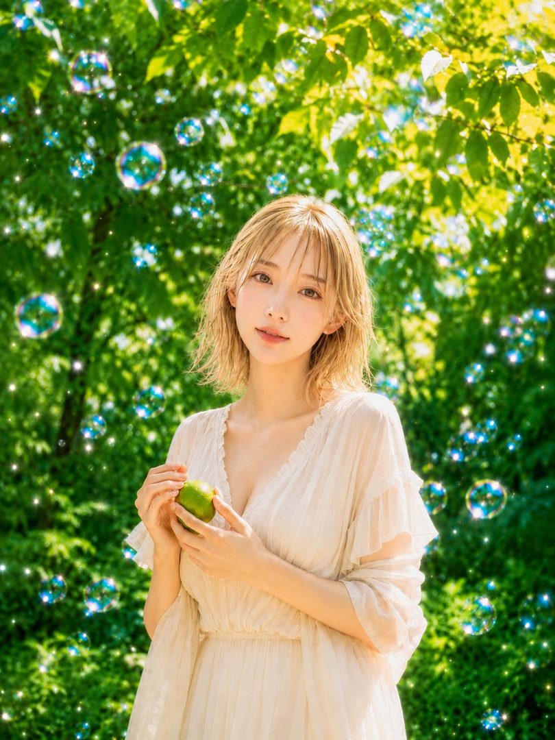 A blonde woman in a flowing white dress holds a green apple in a sunlit forest surrounded by floating bubbles.