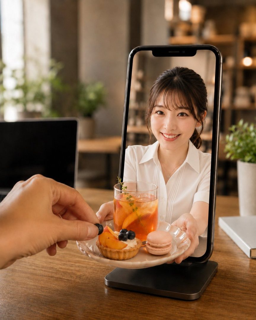 A smiling young woman in a white blouse appears on a smartphone screen, offering a plate of pastries and a drink to a reaching hand in a cozy indoor cafe setting.