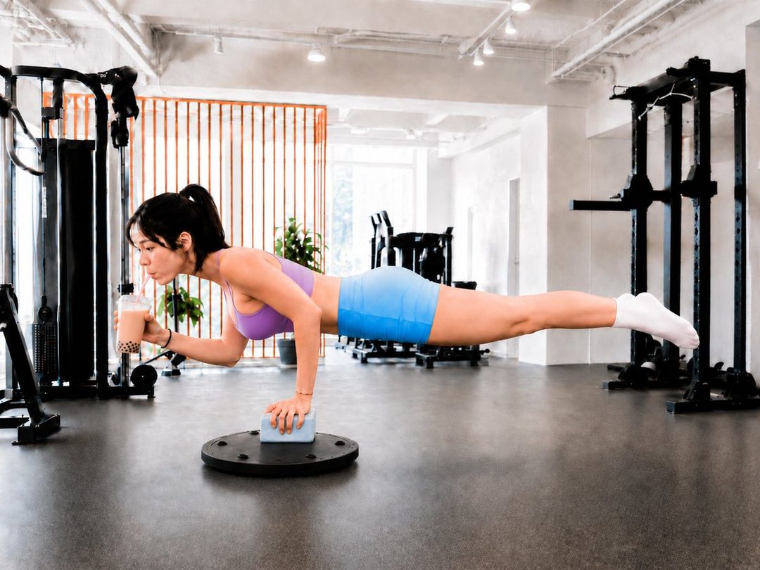 Fit East Asian woman in a gym holding bubble tea while balancing in a one-armed plank pose.