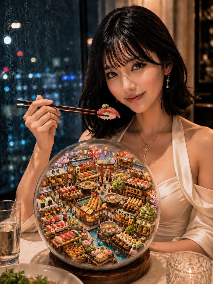 Elegant young East Asian woman with short black hair holding sushi with chopsticks beside a miniature illuminated Japanese food market inside a glass dome at a rainy night restaurant with city lights.