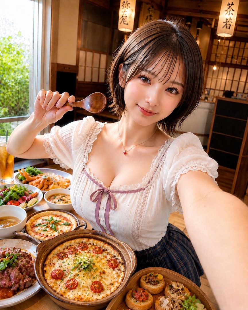 Young woman taking a bright cafe lunch selfie with a large spread of Japanese and Italian dishes on the table.