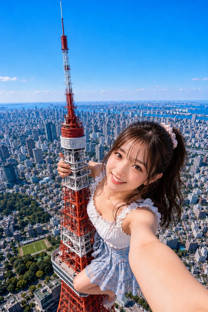 Young woman taking a cheerful selfie while playfully posing with Tokyo Tower against the sprawling city skyline on a bright sunny day.
