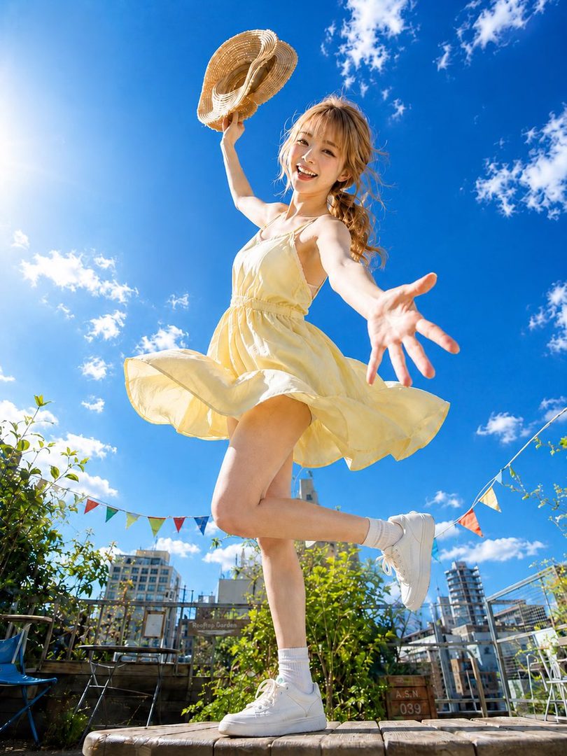 A joyful young woman in a flowing yellow summer dress poses dynamically on a city rooftop, holding a straw hat against a bright blue sky.