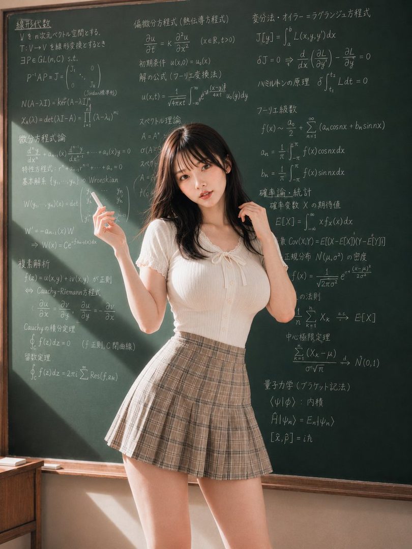 Elegant young Japanese woman in a white blouse and plaid skirt posing with chalk in front of a university-level math blackboard in a sunlit classroom.