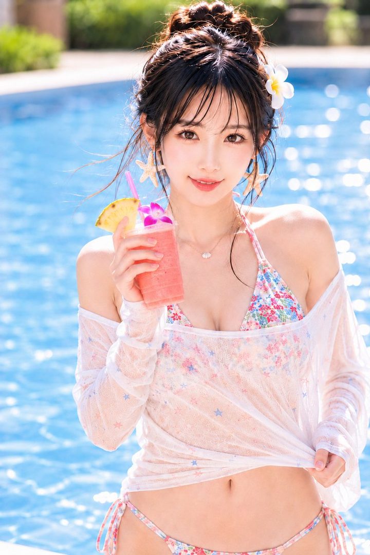A young East Asian woman in a floral bikini and sheer cover-up holds a tropical drink by a sparkling blue pool on a sunny summer day.