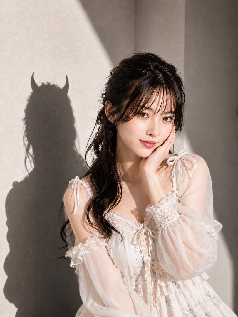 A young woman with long dark hair in a sheer white lace dress poses indoors, hand on cheek, with a devil-horned shadow cast on the wall behind her.