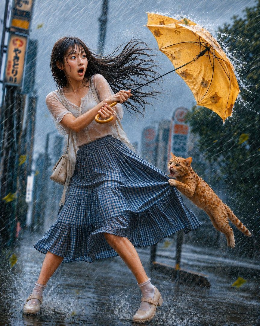 Young woman in sheer blouse and gingham skirt battling wind with a yellow umbrella on a rainy Japanese city street while a wet cat clings to her skirt.