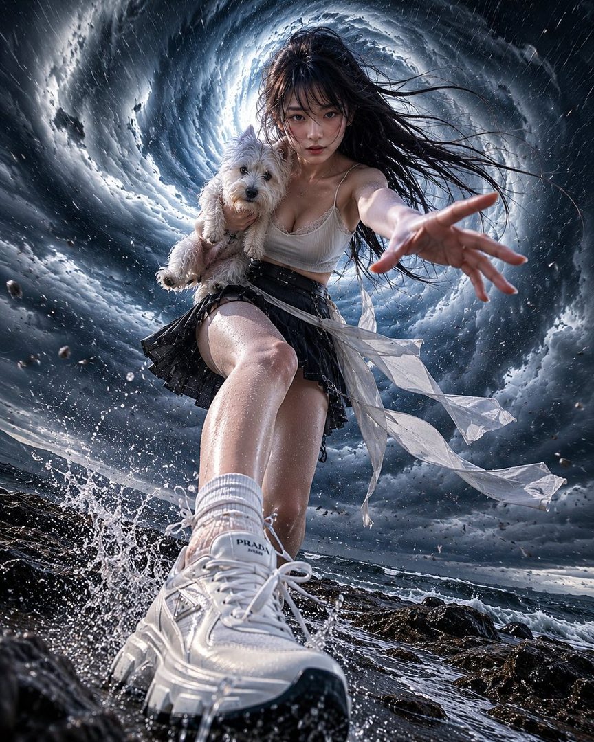 A young woman with long wet black hair stands powerfully on a stormy rocky shore holding a small white dog while reaching toward the camera under a massive swirling typhoon vortex.
