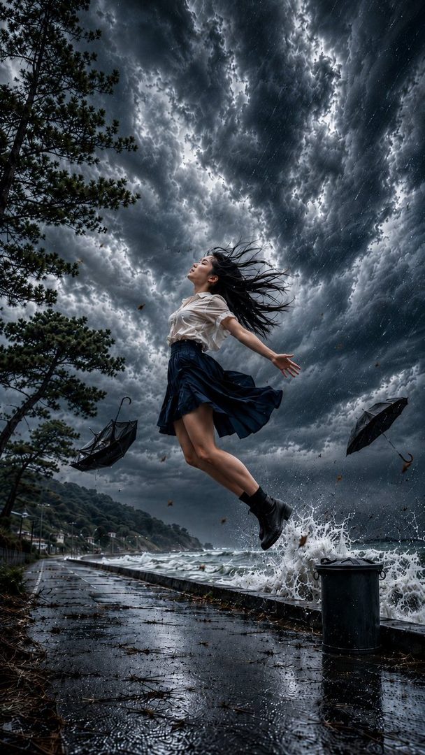 Young woman with long black hair leaps dramatically on a stormy coastal promenade under swirling dark clouds and crashing waves.