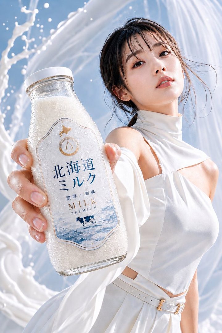 Elegant young East Asian woman in a white high-neck outfit holding a chilled glass bottle of premium Hokkaido milk against a clean studio backdrop with flowing milk splashes.