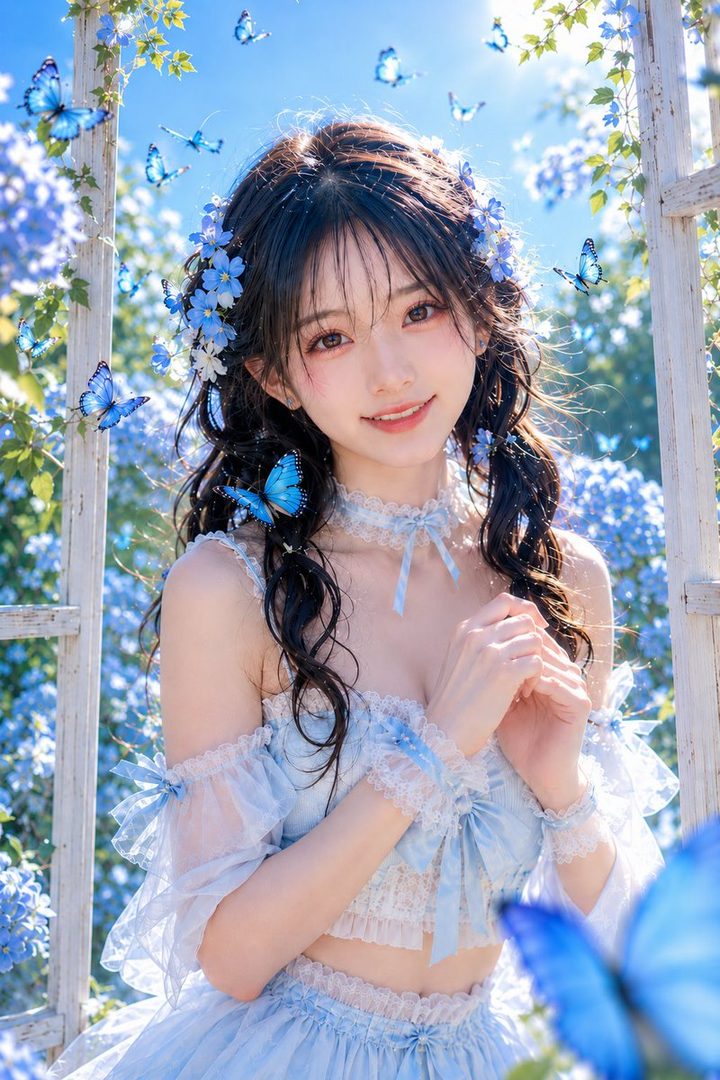 A young woman with long black hair adorned with blue flowers and butterflies smiles gently in a sunny garden framed by white wood and blooming blue flowers.