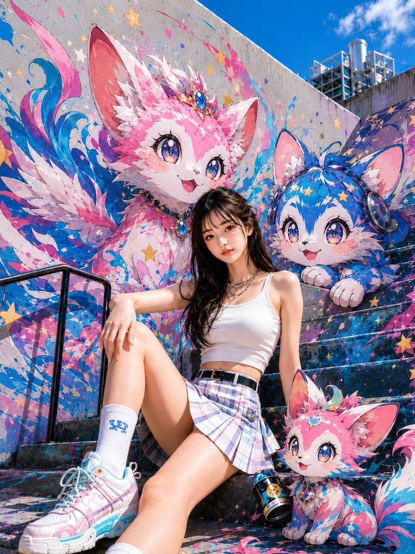 Young East Asian woman with long black hair and natural makeup posing on vibrant graffiti-covered outdoor stairs, wearing a white crop top and pastel plaid mini skirt, surrounded by colorful fantasy fox murals under a bright blue sky.