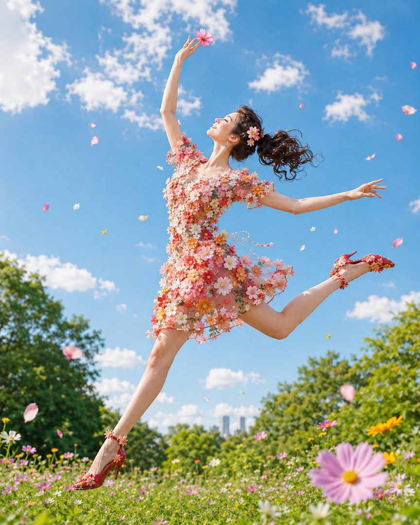 A young woman in a colorful floral mini dress jumps gracefully in a vibrant flower field beneath a bright blue summer sky.