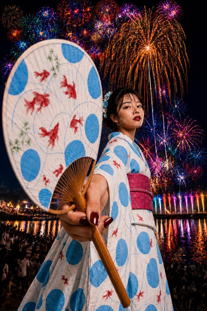 Young Japanese woman in a white and blue polka-dot yukata with red goldfish patterns holding a matching fan at a vibrant nighttime fireworks festival by the river.