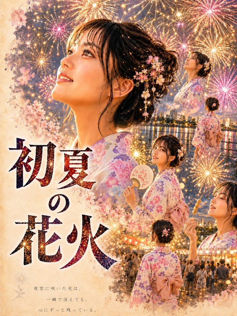 Collage poster of a young Japanese woman in a floral yukata admiring vibrant summer fireworks at a night festival.