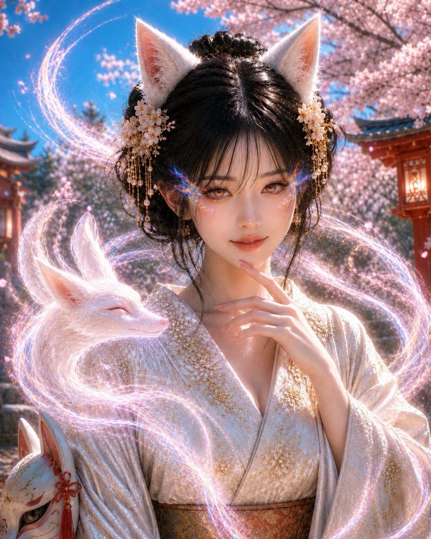 Elegant young woman with fox ears in ornate white and gold kimono, accompanied by a glowing white fox spirit under cherry blossoms at a sunny shrine.