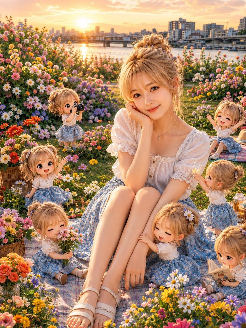 Blonde woman in a white lace blouse and blue floral skirt poses at a golden hour picnic surrounded by chibi clones in a vibrant riverside flower field.